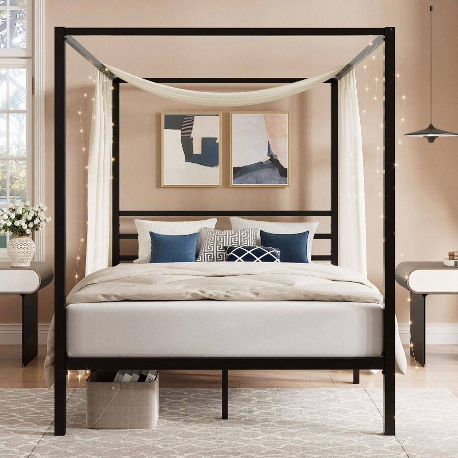 ブラックキャノピーベッドフレーム、フル/クイーンサイズ、4柱 - Canopy Bed Frame Metal Queen のレビューと価格