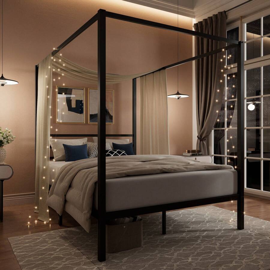 ブラックキャノピーベッドフレーム、フル/クイーンサイズ、4柱 - Canopy Bed Frame Metal Queen のレビューと価格
