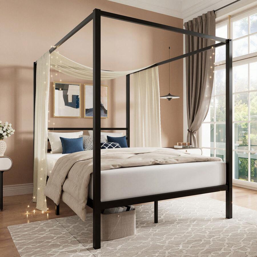 ブラックキャノピーベッドフレーム、フル/クイーンサイズ、4柱 - Canopy Bed Frame Metal Queen のレビューと価格