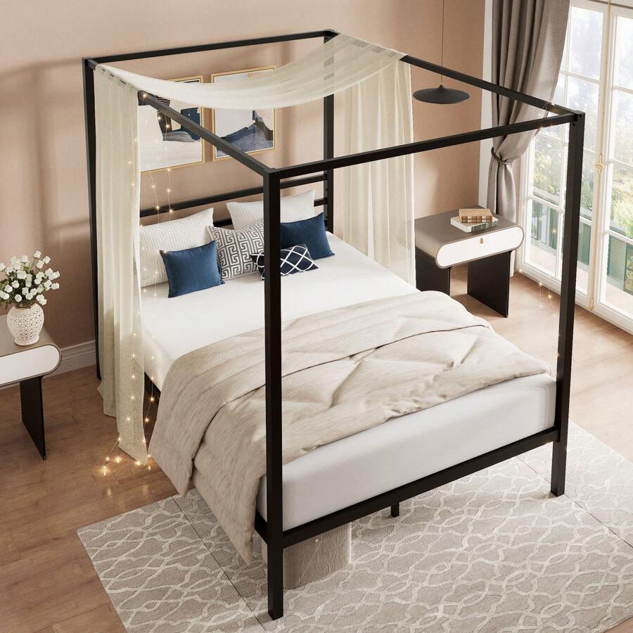 ブラックキャノピーベッドフレーム、フル/クイーンサイズ、4柱 - Canopy Bed Frame Metal Queen のレビューと価格