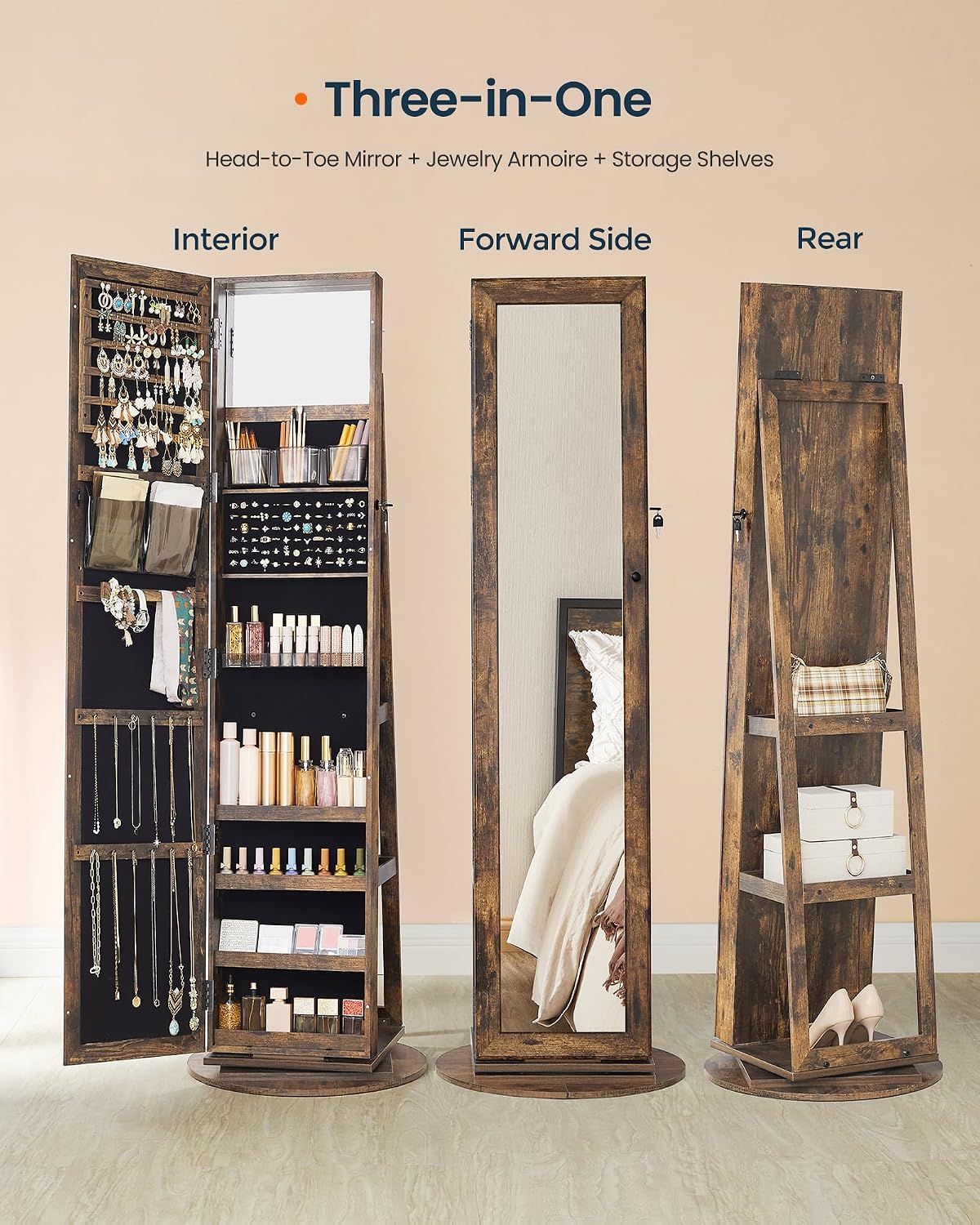 スタンディングジュエリーキャビネット、収納付き全身鏡 |   - Full Length Mirror Jewelry Armoire のレビューと価格