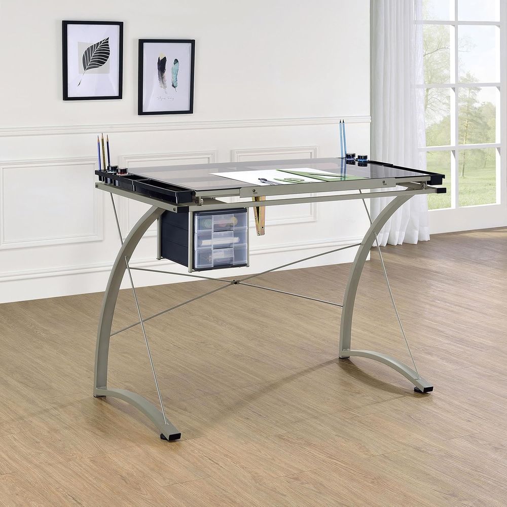 41インチの金属とガラス製製図台、角度調整可能、3つの引き出 - Tables のレビューと価格