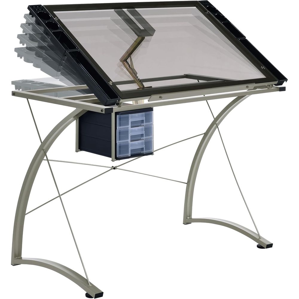 41インチの金属とガラス製製図台、角度調整可能、3つの引き出 - Tables のレビューと価格
