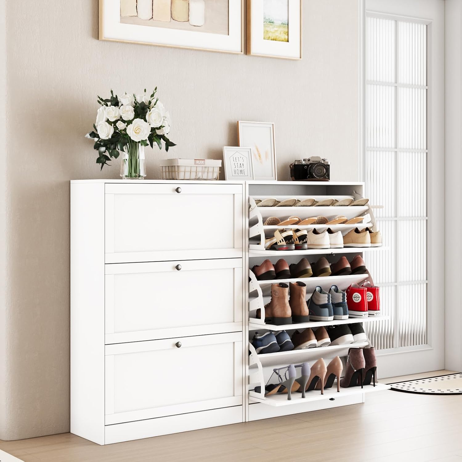 靴収納キャビネット、3つのフリップ式引き出しオーガナイザー、 - Shoe Rack Cabinet Narrow Entryway のレビューと価格