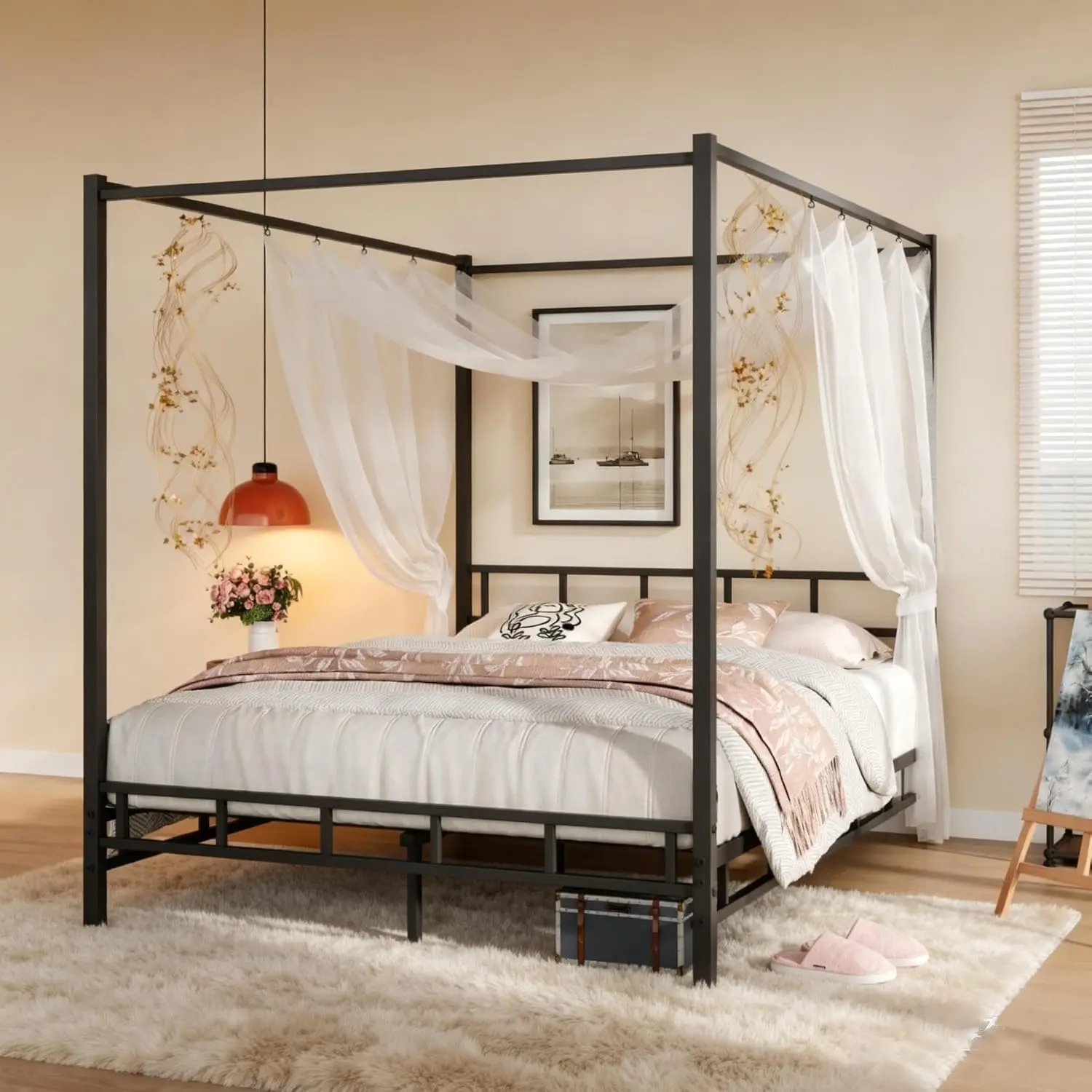 メタル製キャノピーベッドフレーム クイーンサイズ、金属製スラ - Canopy Bed Frame Metal Queen のレビューと価格