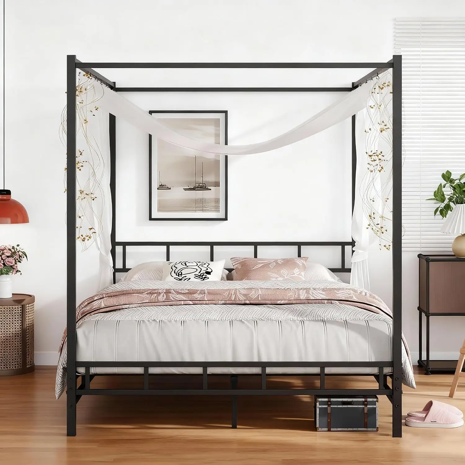 メタル製キャノピーベッドフレーム クイーンサイズ、金属製スラ - Canopy Bed Frame Metal Queen のレビューと価格