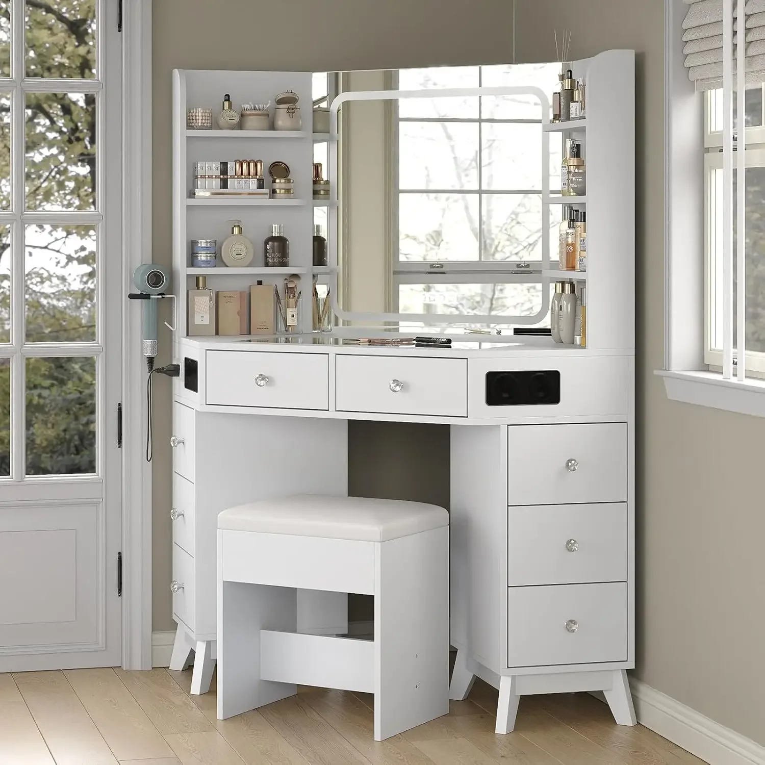 コーナーバニティデスクスピーカー付き引き出し棚メイクアップガ - Dressing Table Vanity With Lighted Mirror のレビューと価格