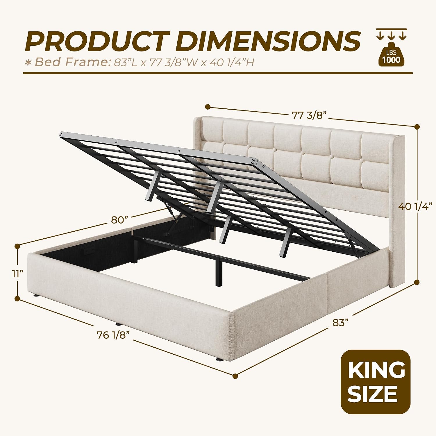 キングサイズリフト収納ベッドフレーム、ウィングバックヘッドボ - Gas Lift Storage Bed Hydraulic のレビューと価格
