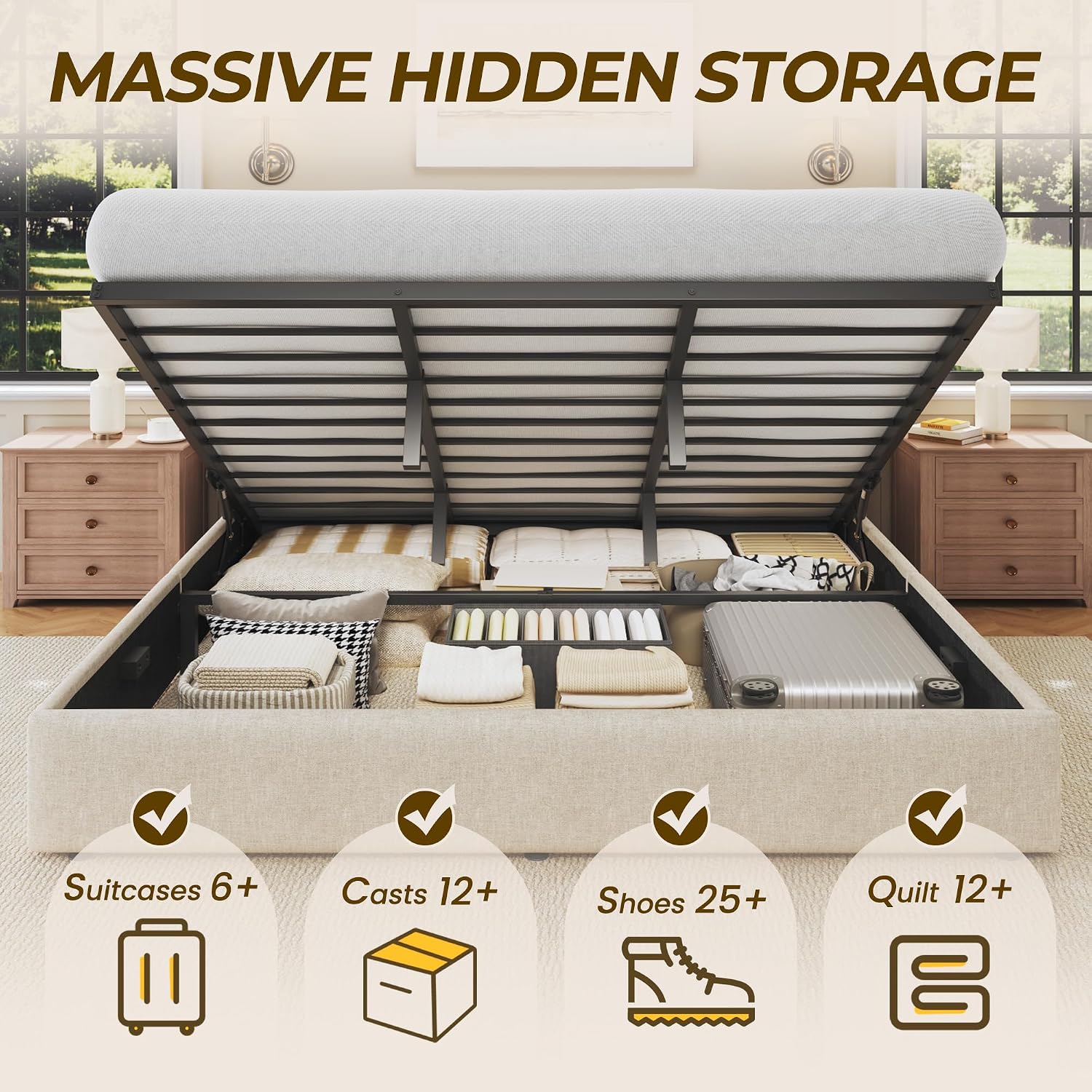 キングサイズリフト収納ベッドフレーム、ウィングバックヘッドボ - Gas Lift Storage Bed Hydraulic のレビューと価格