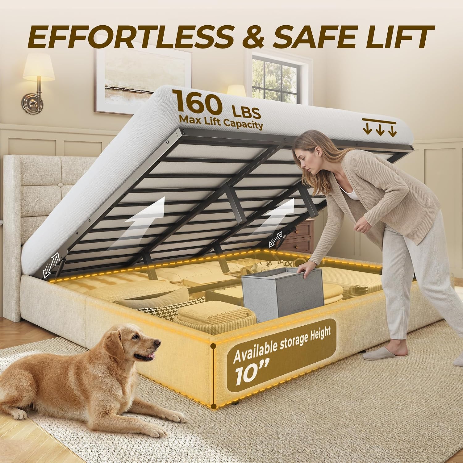 キングサイズリフト収納ベッドフレーム、ウィングバックヘッドボ - Gas Lift Storage Bed Hydraulic のレビューと価格