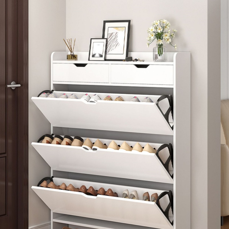 2段式木製靴収納キャビネット、跳ね上げ式引き出し付き、省スペ - Shoe Rack Cabinet Narrow Entryway のレビューと価格