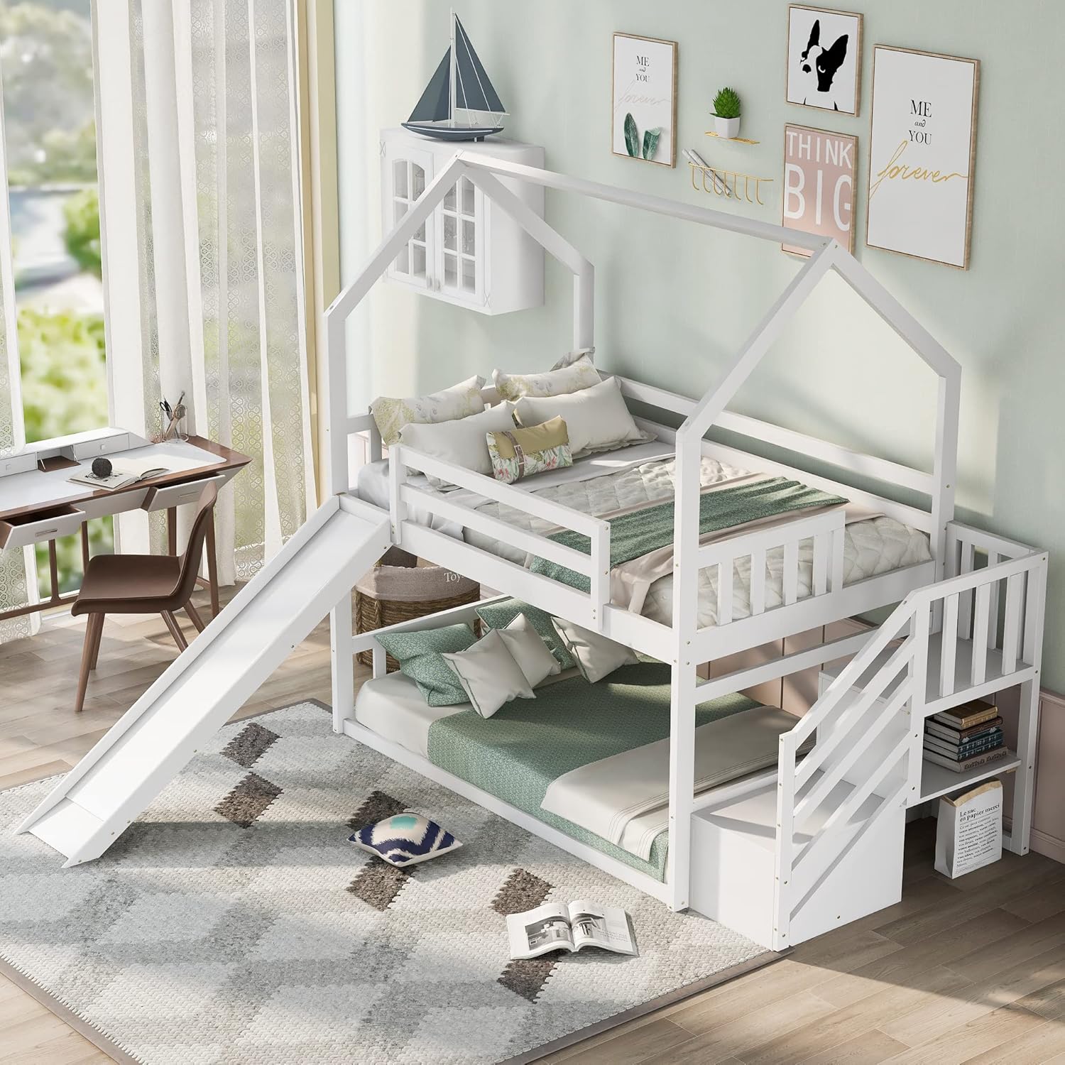 ツインオーバーツイン二段ベッド、スライドと階段付き、木製ハウ - Bunk Bed With Stairs And Slide のレビューと価格