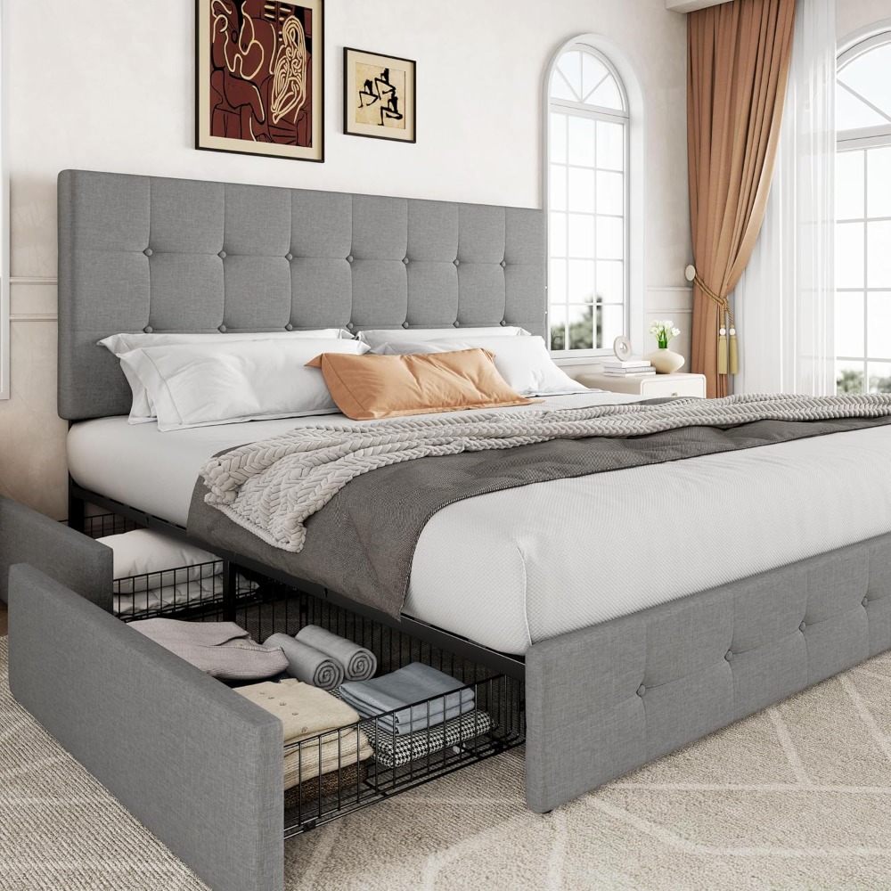 米国発送 キングサイズ プラットフォームベッドフレーム 収納 - King Size Bed Frame With Storage Drawers のレビューと価格