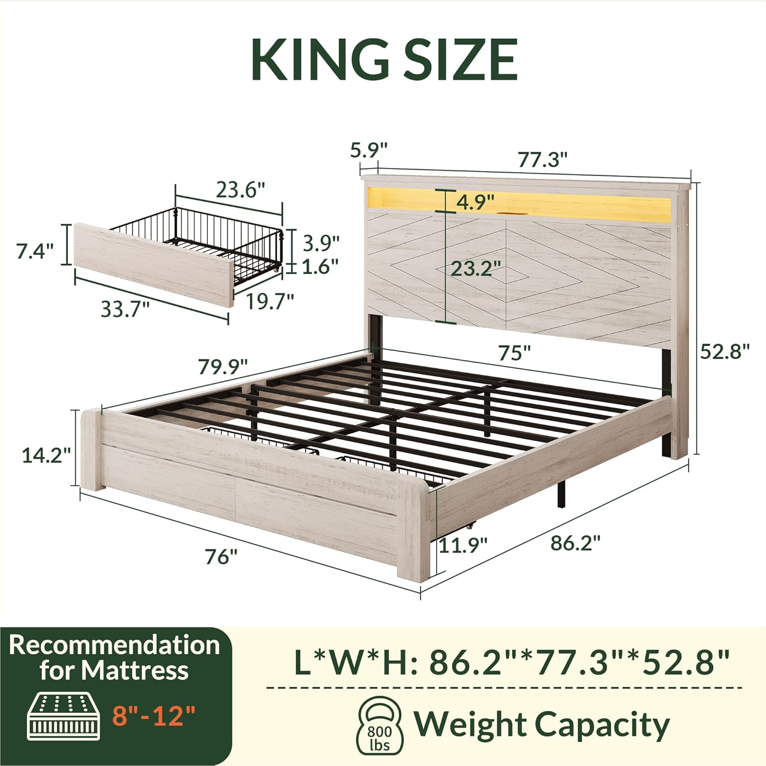 キングサイズ木製プラットフォームベッドフレーム（ヘッドボード - King Size Bed Frame With Storage Drawers のレビューと価格