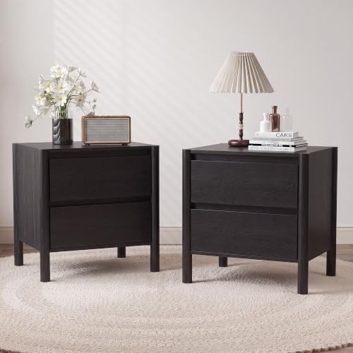 ミッドセンチュリーモダン ブラック ナイトスタンド 2個セッ - Solid Wood Nightstand 2 Drawers のレビューと価格
