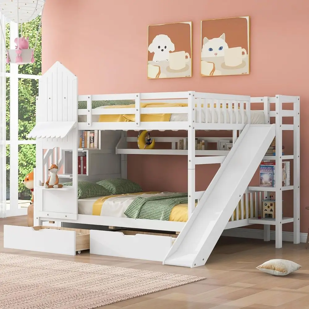 ホワイトキッズ二段ベッド、スライドと収納階段付き、フルオーバ - Bunk Bed With Stairs And Slide のレビューと価格