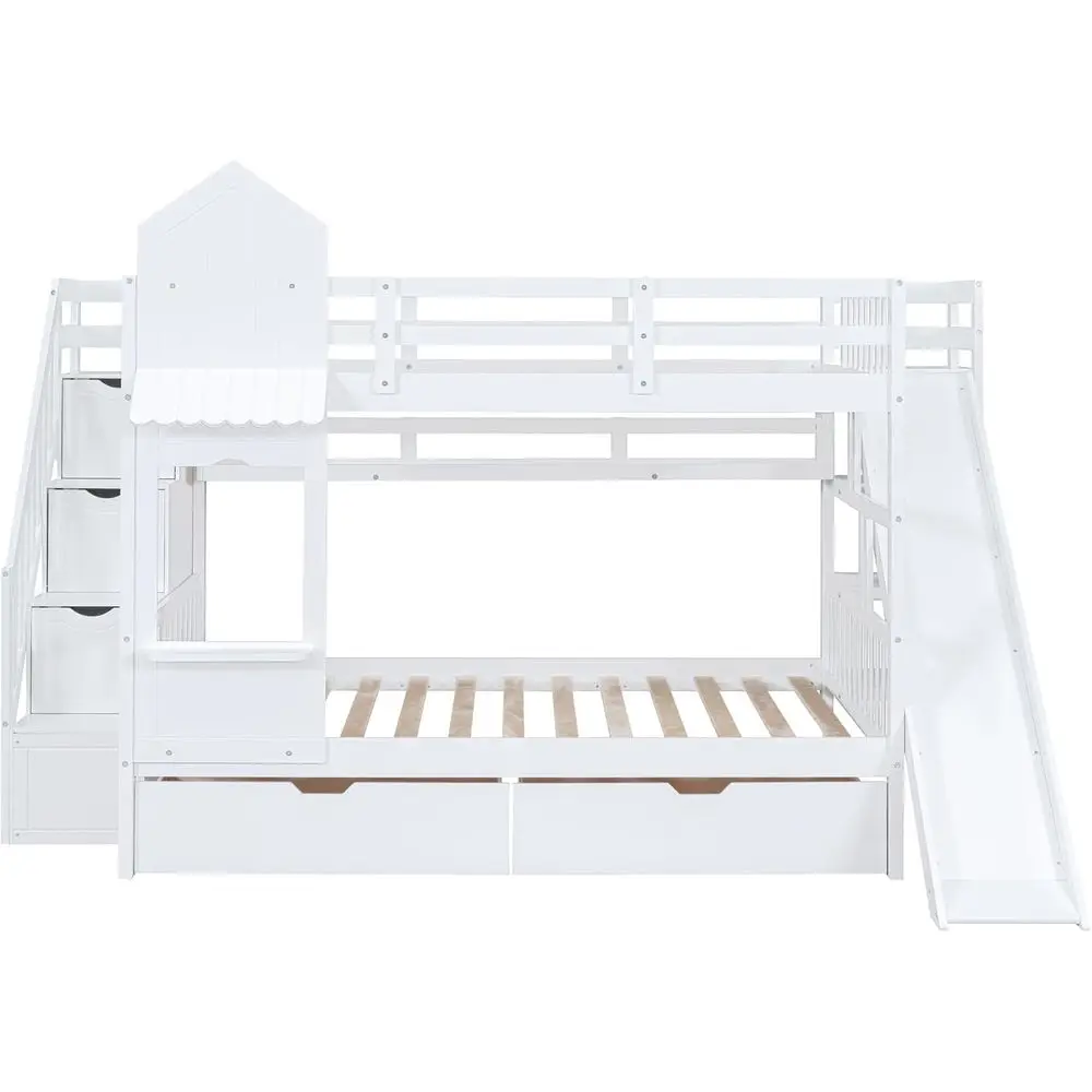 ホワイトキッズ二段ベッド、スライドと収納階段付き、フルオーバ - Bunk Bed With Stairs And Slide のレビューと価格