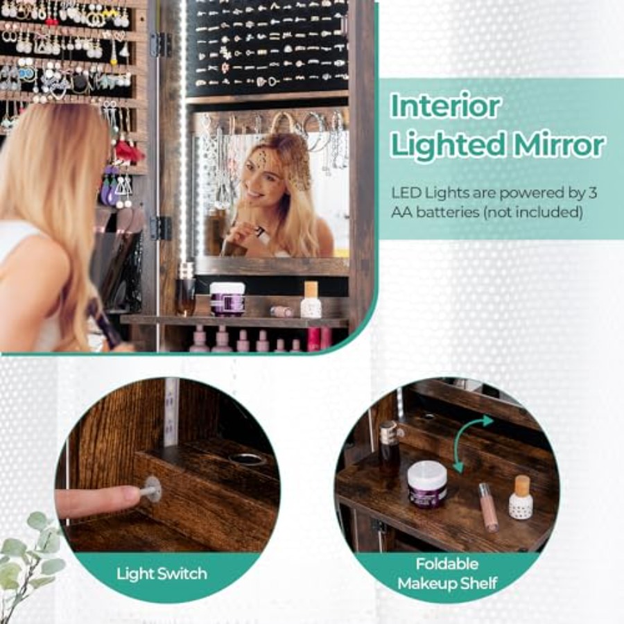 寝室や化粧台での使用に適した47個のLEDライト付きジュエリ - Full Length Mirror Jewelry Armoire のレビューと価格