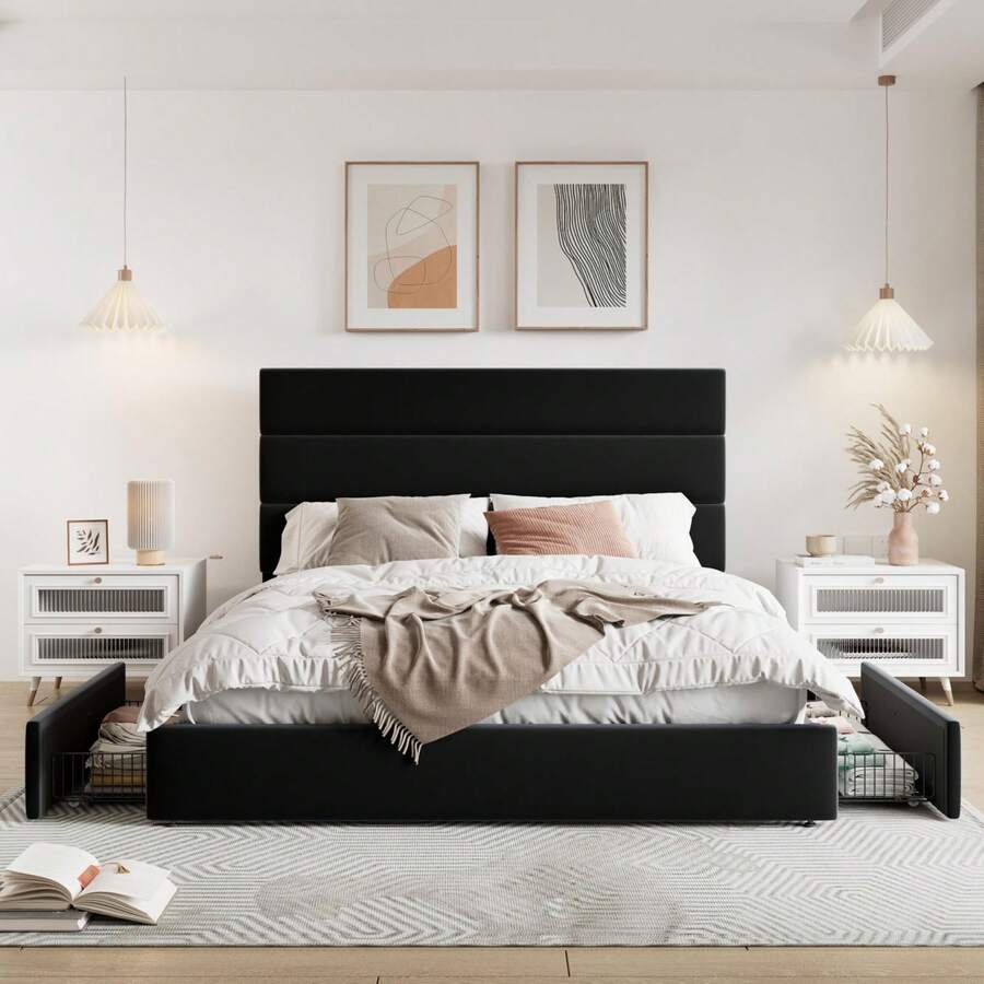 フル/クイーン/キングサイズのプラットフォームベッドフレーム - King Size Bed Frame With Storage Drawers のレビューと価格