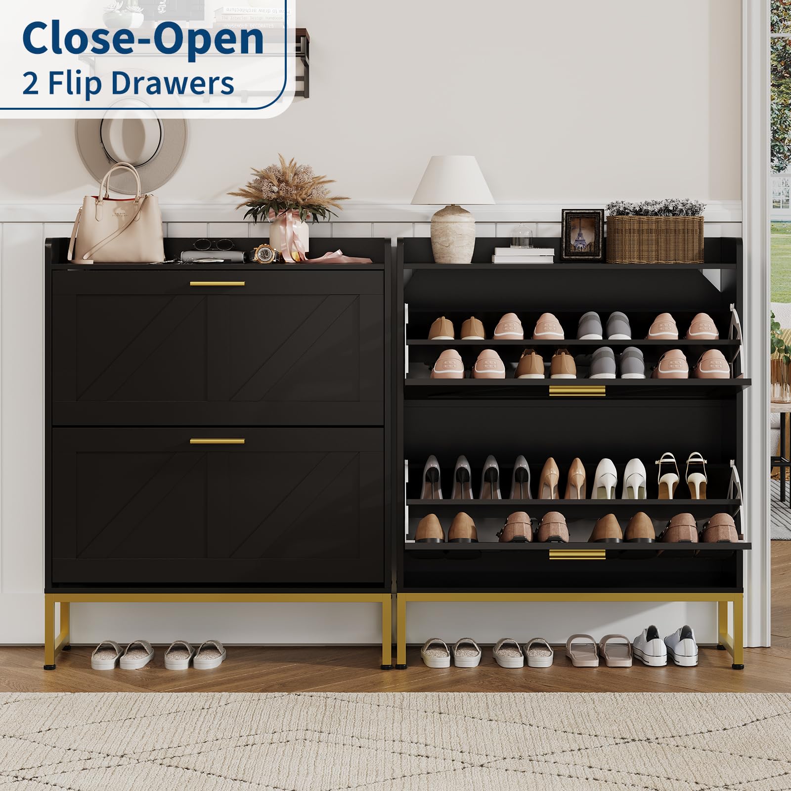 玄関用の狭い靴箱、2段フリップ式引き出し、調節可能な棚、防塵 - Shoe Rack Cabinet Narrow Entryway のレビューと価格