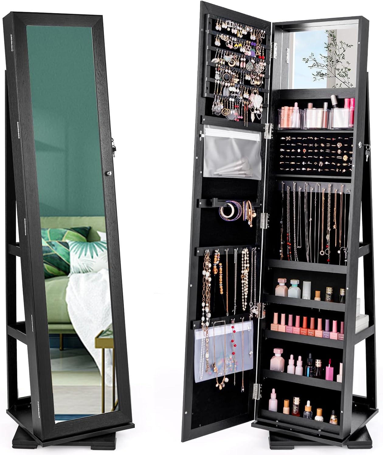 黒色の自立型ロック可能360度回転ジュエリーアルモア、全身鏡 - Full Length Mirror Jewelry Armoire のレビューと価格