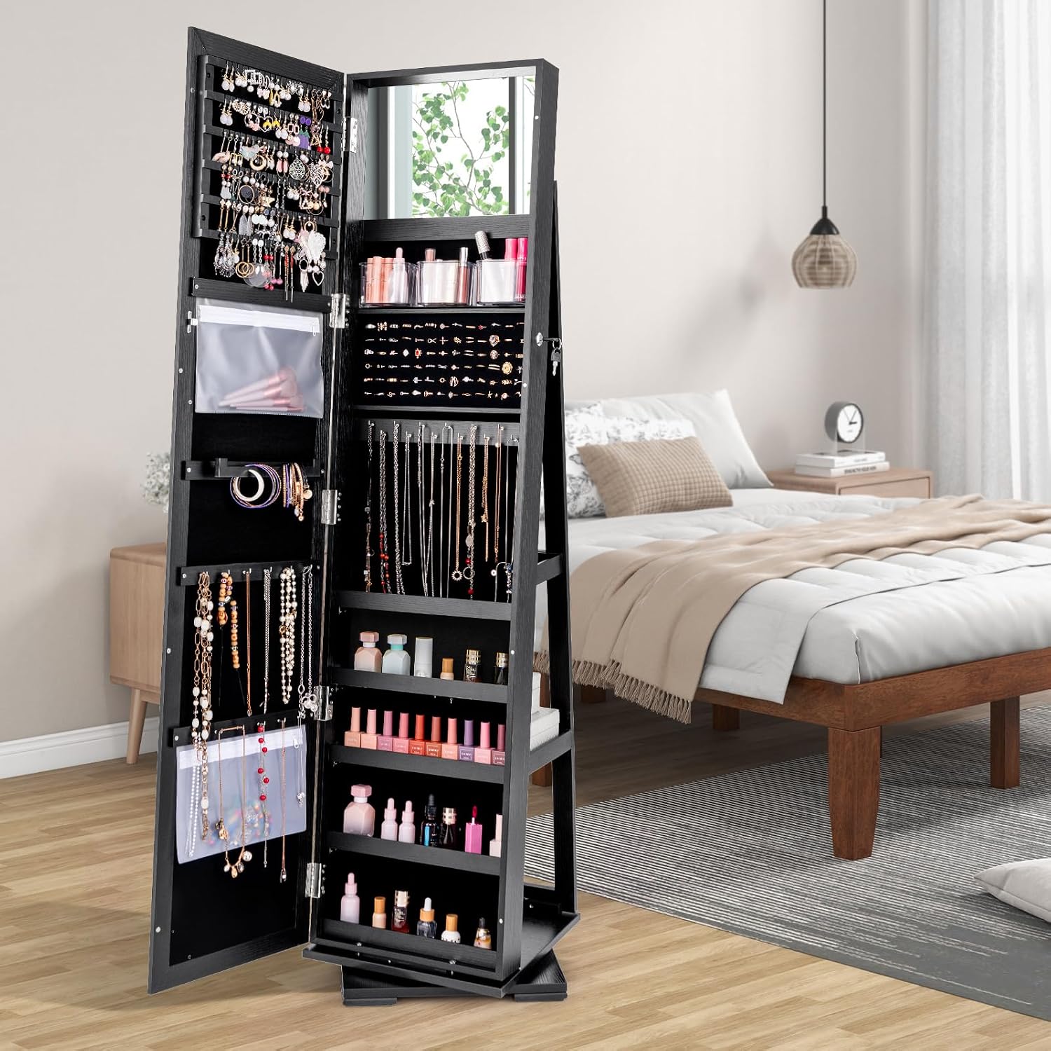 黒色の自立型ロック可能360度回転ジュエリーアルモア、全身鏡 - Full Length Mirror Jewelry Armoire のレビューと価格