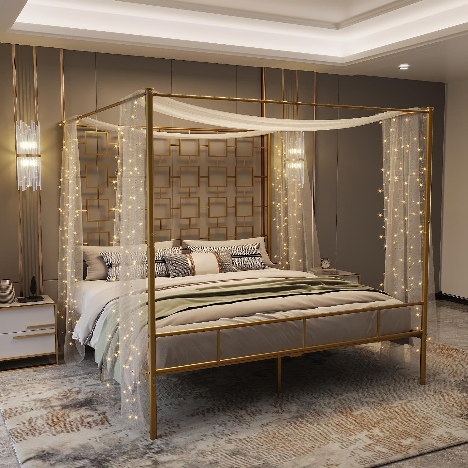 クイーンサイズの天蓋付きベッドフレーム、金属製四柱式プラット - Canopy Bed Frame Metal Queen のレビューと価格
