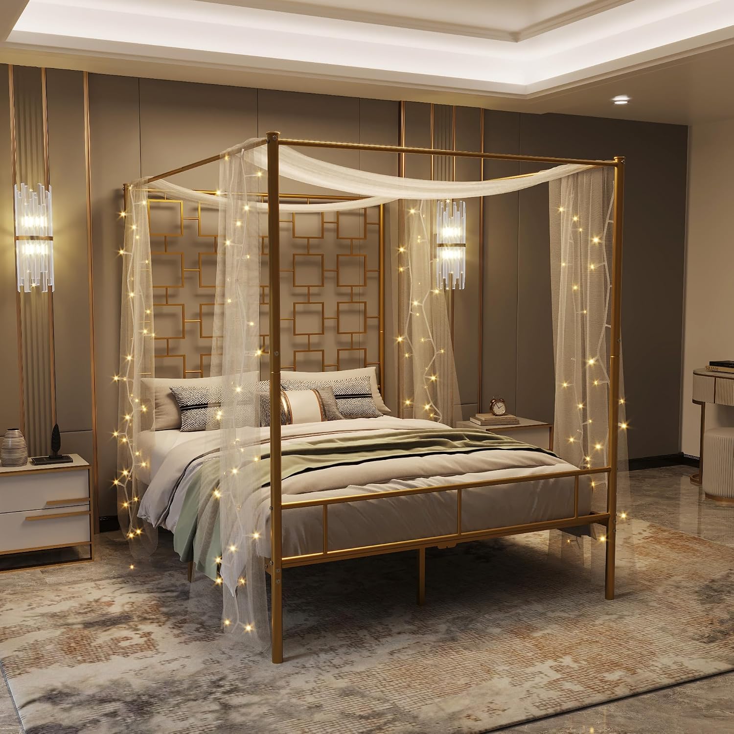 クイーンサイズの天蓋付きベッドフレーム、金属製四柱式プラット - Canopy Bed Frame Metal Queen のレビューと価格