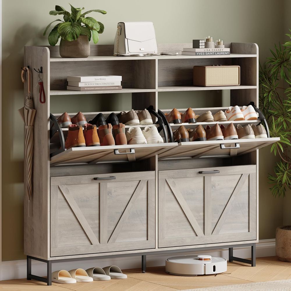 靴収納キャビネット 4リップデルス付き、玄関靴ラック、グレー - Shoe Rack Cabinet Narrow Entryway のレビューと価格