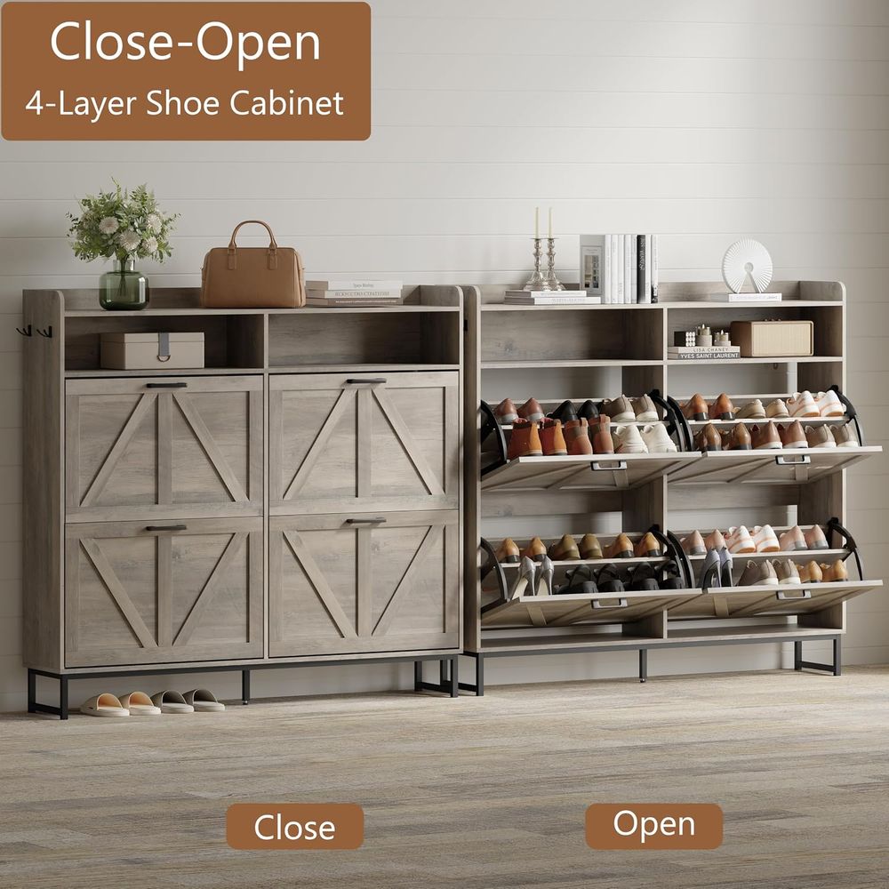 靴収納キャビネット 4リップデルス付き、玄関靴ラック、グレー - Shoe Rack Cabinet Narrow Entryway のレビューと価格