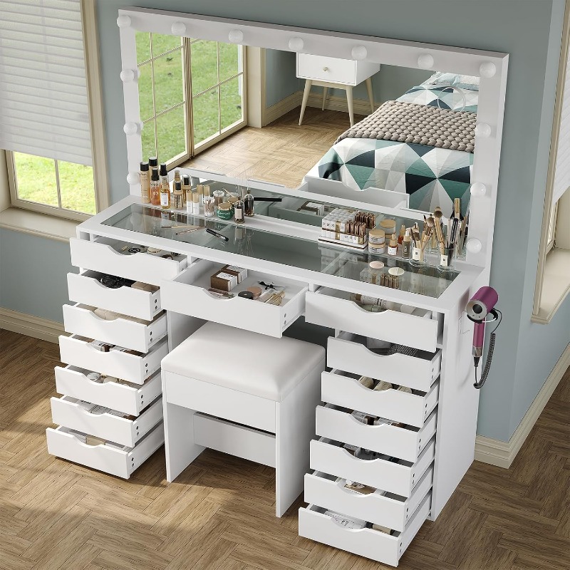 ヤノサク バニティデスク（鏡とライト付き）、メイクアップテー - Dressing Table Vanity With Lighted Mirror のレビューと価格