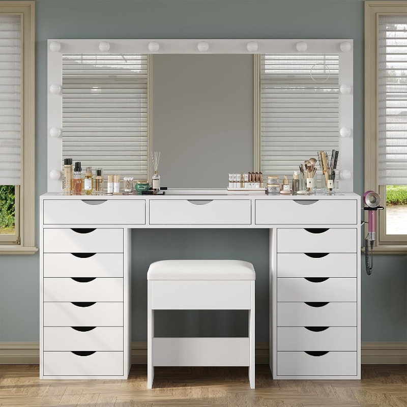 ヤノサク バニティデスク（鏡とライト付き）、メイクアップテー - Dressing Table Vanity With Lighted Mirror のレビューと価格