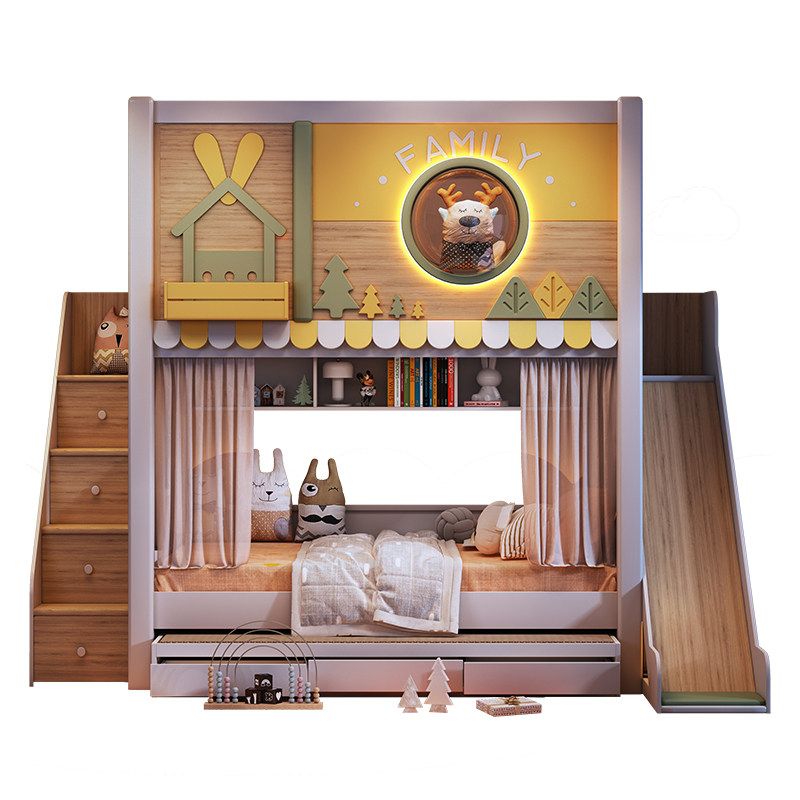 モダンな森のテーマの子供用二段ベッド、スライド式収納階段、引 - Bunk Bed With Stairs And Slide のレビューと価格