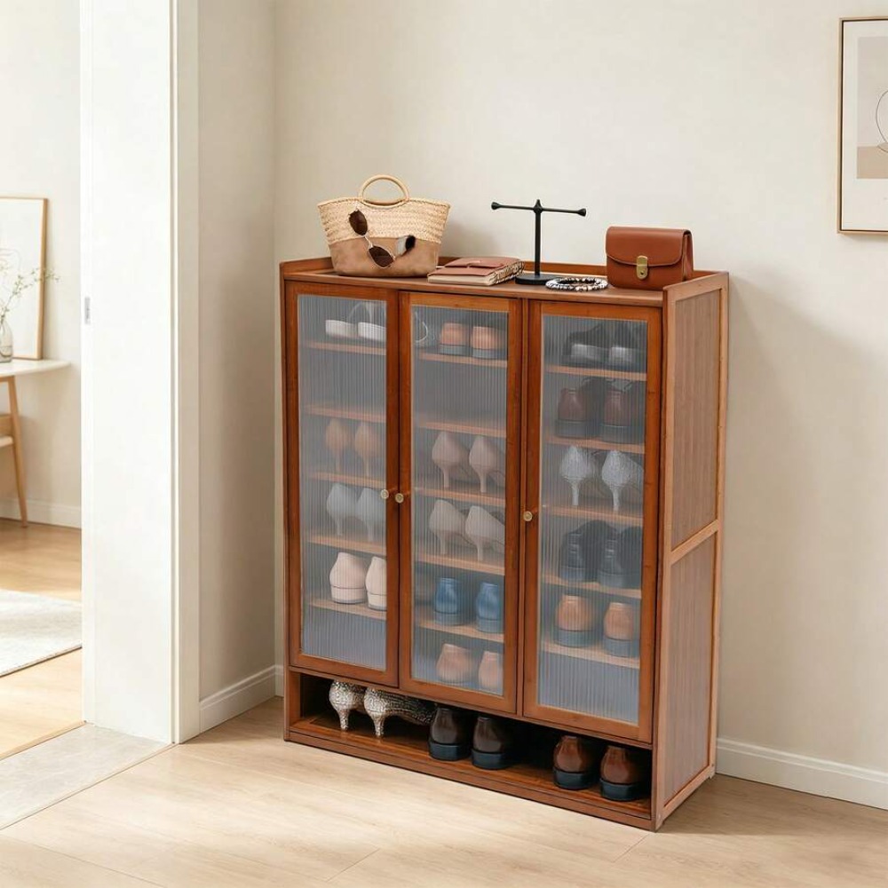 8段3ドア自立型竹製シューズキャビネット、半透明ドア付き、玄 - Shoe Rack Cabinet Narrow Entryway のレビューと価格