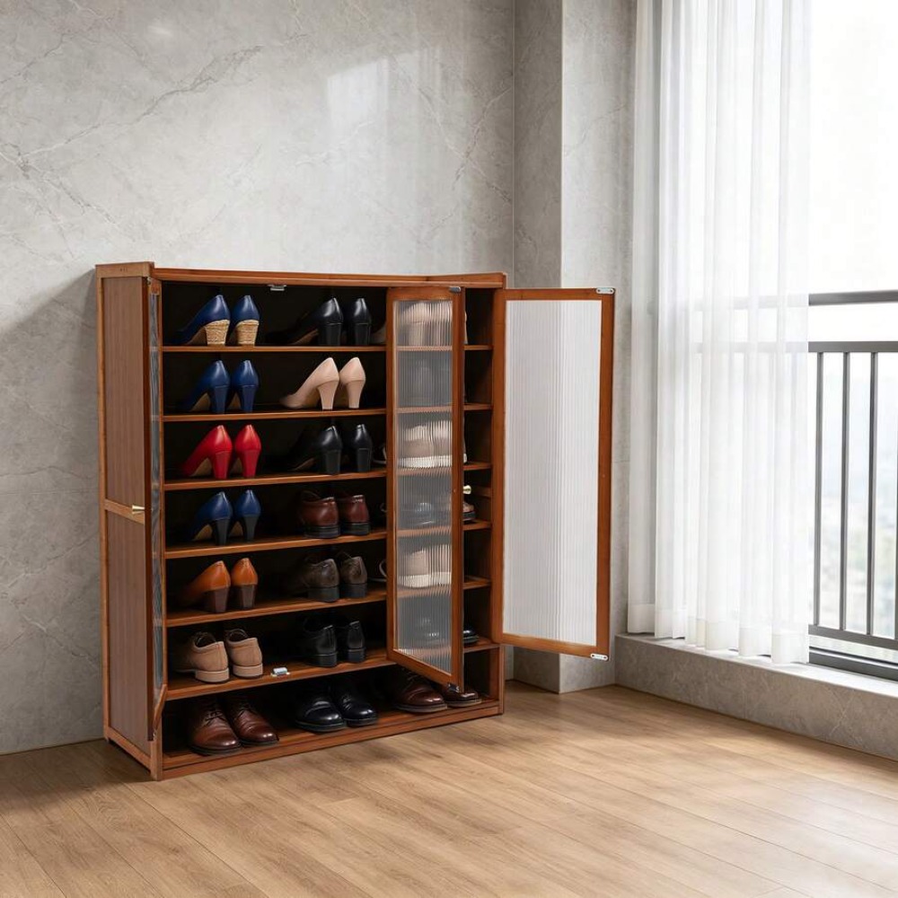 8段3ドア自立型竹製シューズキャビネット、半透明ドア付き、玄 - Shoe Rack Cabinet Narrow Entryway のレビューと価格
