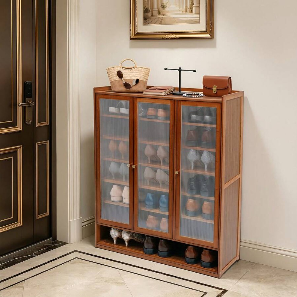 8段3ドア自立型竹製シューズキャビネット、半透明ドア付き、玄 - Shoe Rack Cabinet Narrow Entryway のレビューと価格