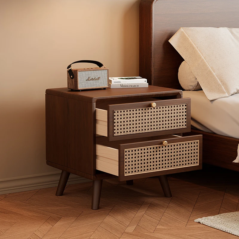無垢材ナイトスタンド、籐編み引き出し付き、ウォールナットベッ - Solid Wood Nightstand 2 Drawers のレビューと価格