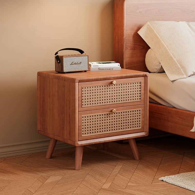 無垢材ナイトスタンド、籐編み引き出し付き、ウォールナットベッ - Solid Wood Nightstand 2 Drawers のレビューと価格
