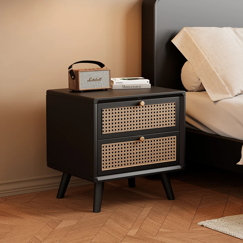 無垢材ナイトスタンド、籐編み引き出し付き、ウォールナットベッ - Solid Wood Nightstand 2 Drawers のレビューと価格