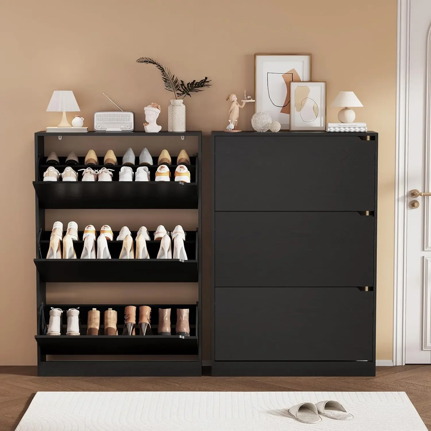 靴収納キャビネット、玄関用木製靴オーガナイザー（3つのフリッ - Shoe Rack Cabinet Narrow Entryway のレビューと価格