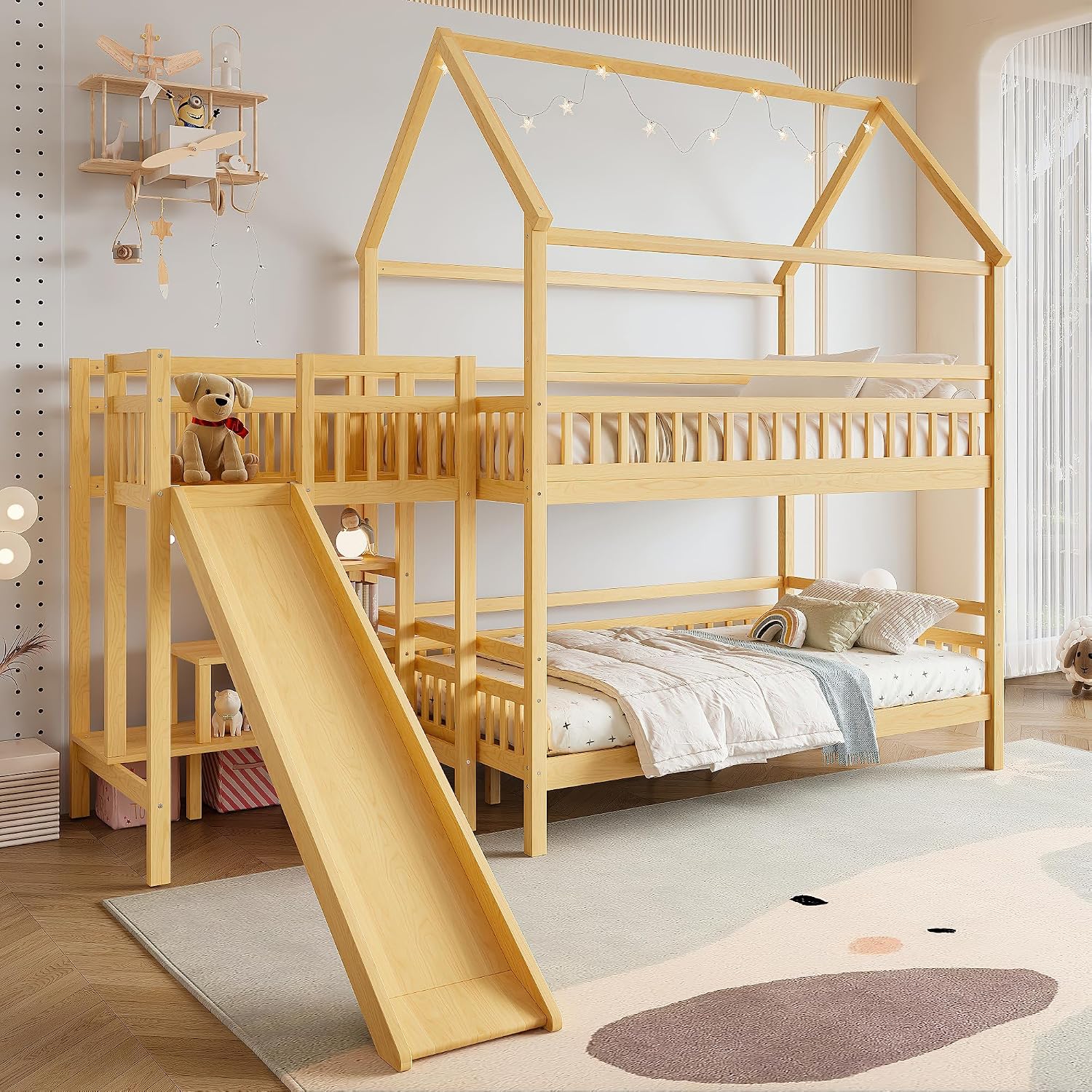 フルオーバーフル二段ベッド、プレイハウスデザインの屋根付き、 - Bunk Bed With Stairs And Slide のレビューと価格