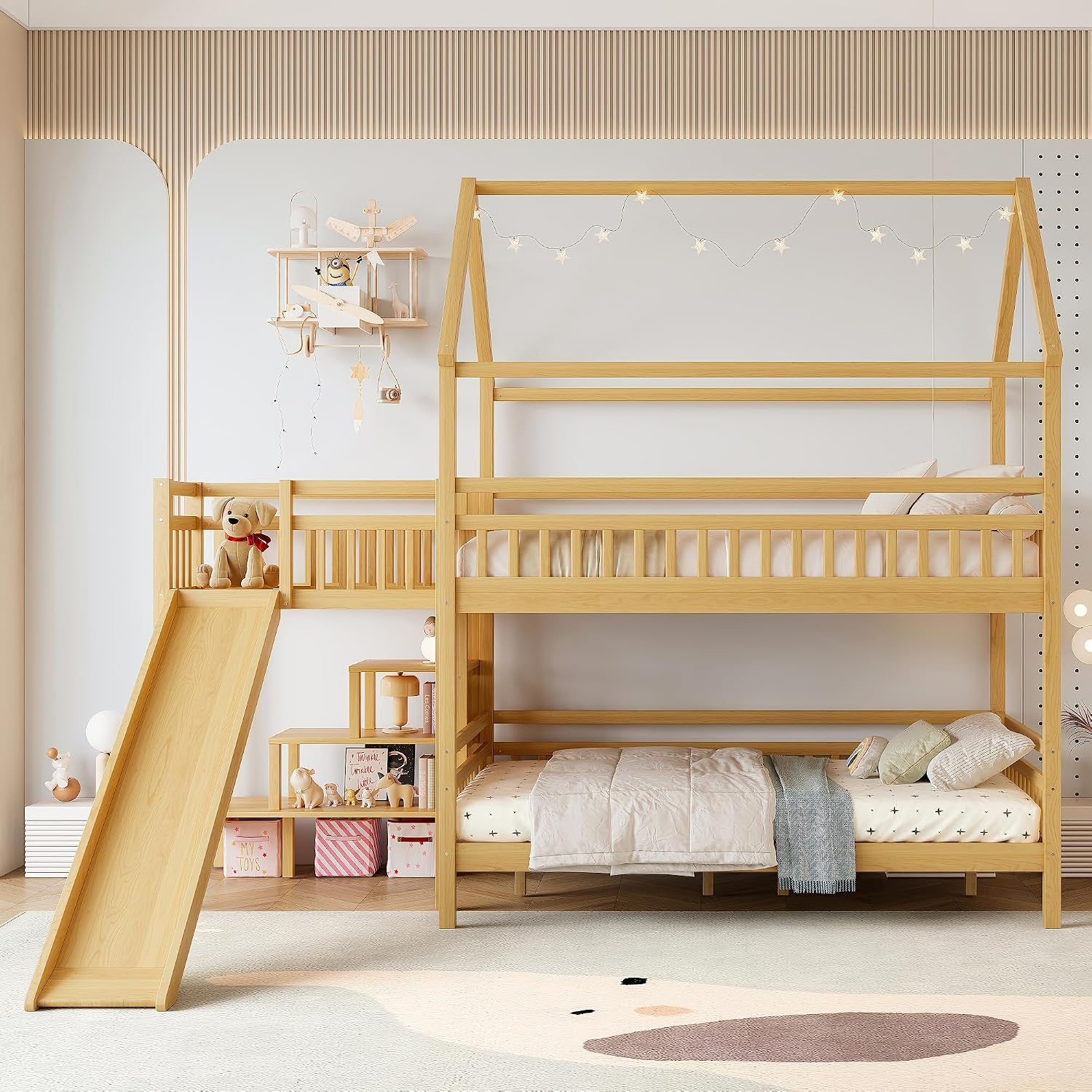フルオーバーフル二段ベッド、プレイハウスデザインの屋根付き、 - Bunk Bed With Stairs And Slide のレビューと価格