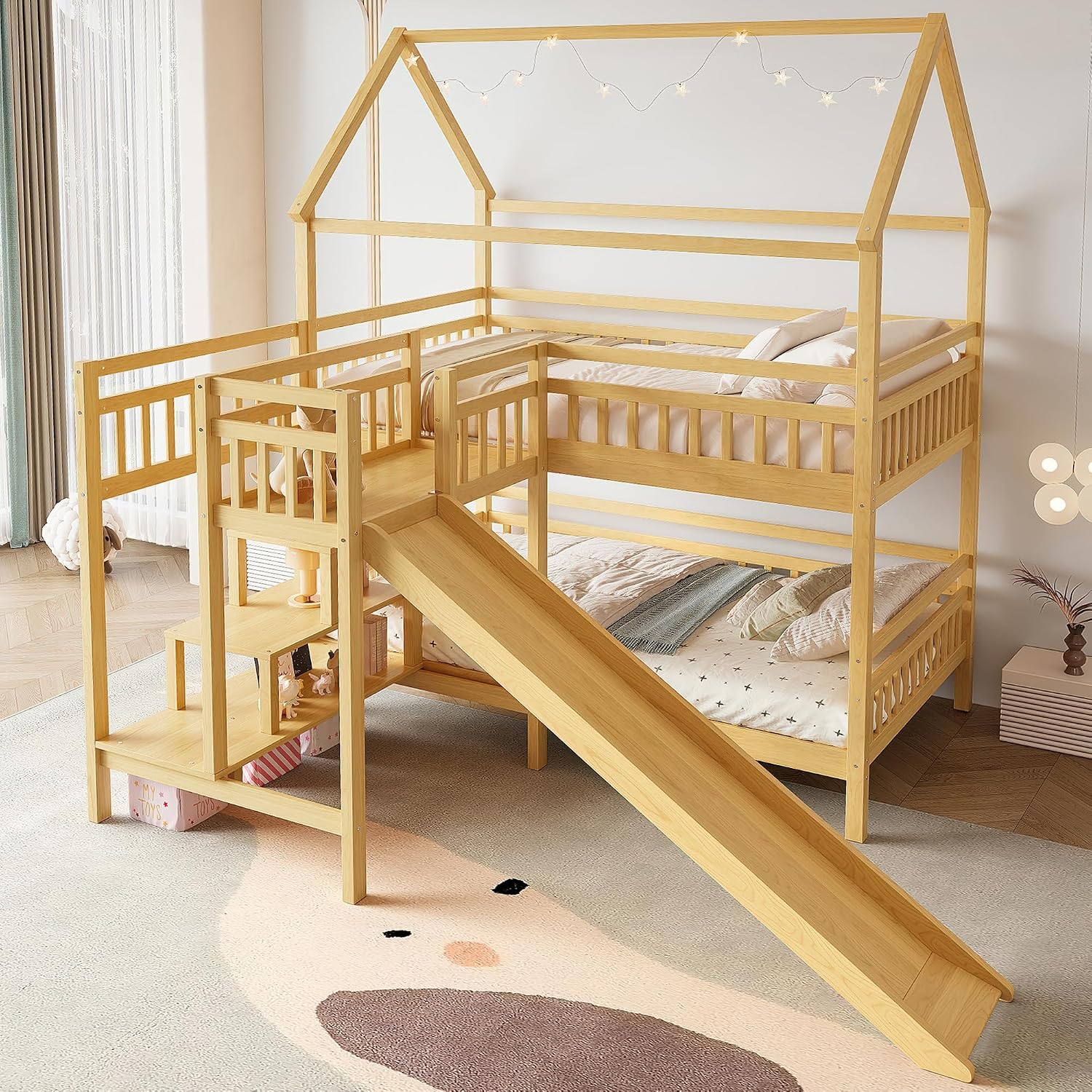 フルオーバーフル二段ベッド、プレイハウスデザインの屋根付き、 - Bunk Bed With Stairs And Slide のレビューと価格