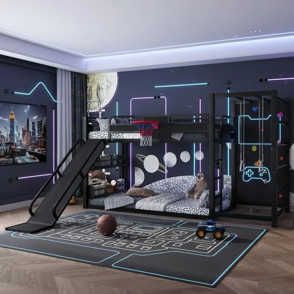 ツインメタル二段ベッド、バスケットボールフープ、階段、滑り台 - Bunk Bed With Stairs And Slide のレビューと価格