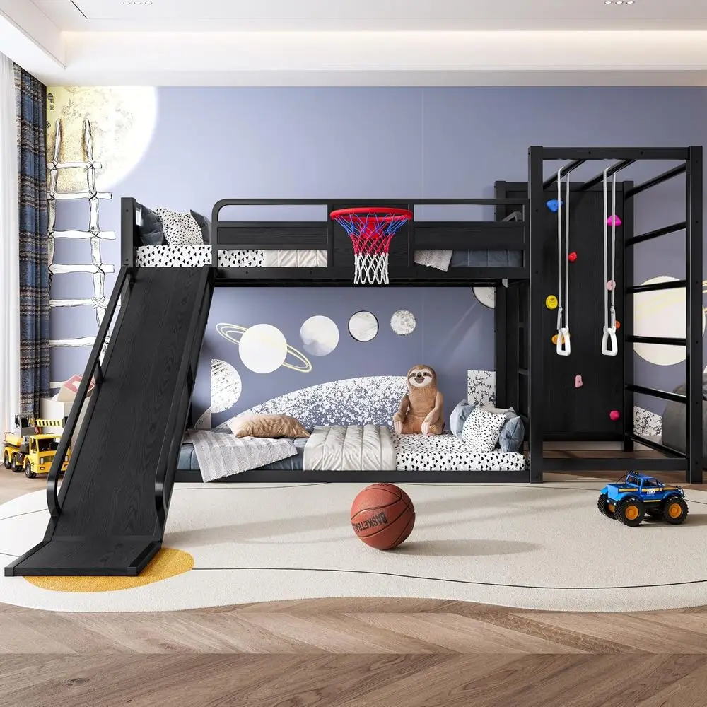 ツインメタル二段ベッド、バスケットボールフープ、階段、滑り台 - Bunk Bed With Stairs And Slide のレビューと価格